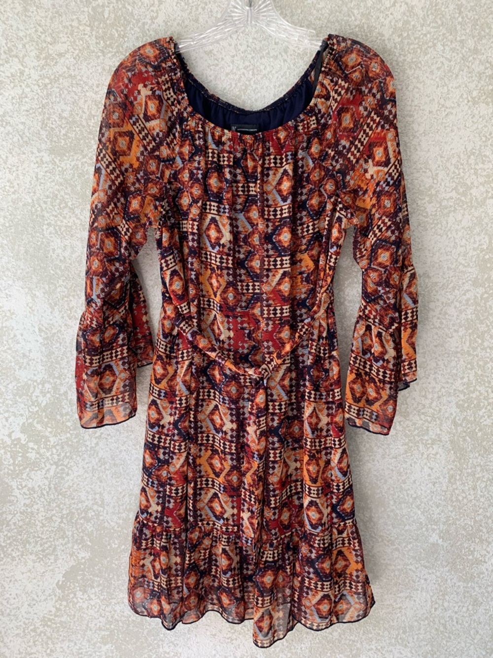 INC‎ International Concepts Red & Orange Geometric Long Sleeve Dress Size 4 Boho